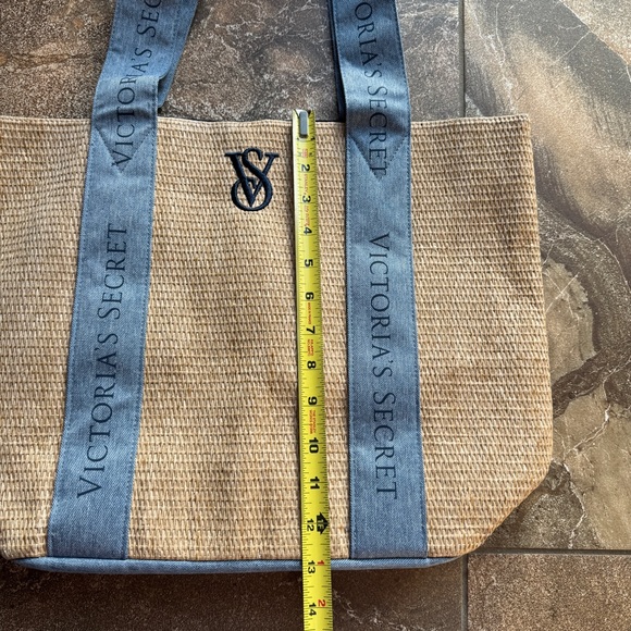 Victoria's Secret Straw Beach Tote Bag Large Weekender Travel Logo Blue‎ Beige - Picture 6 of 6